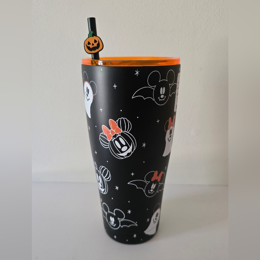 Disney Halloween Tumbler | Mickey & Minnie Ghost Bat Cup with Pumpkin Straw Top
